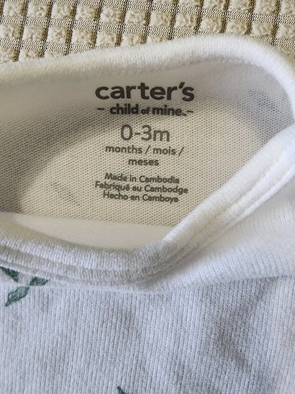Carter's 0-3M White Baby Sleep Gown with Green Leaf Print.